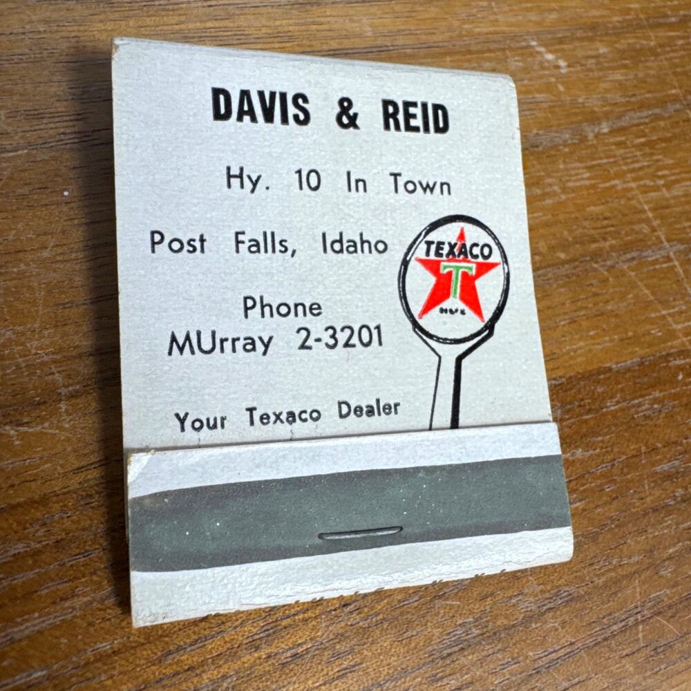 Vintage Post Falls Idaho Texaco Matchbook Davis & Reid Havoline Oil Front Strike